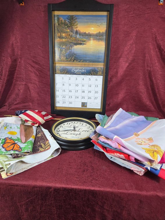 Calendar Holder, Yard Flags, and Wall Clock