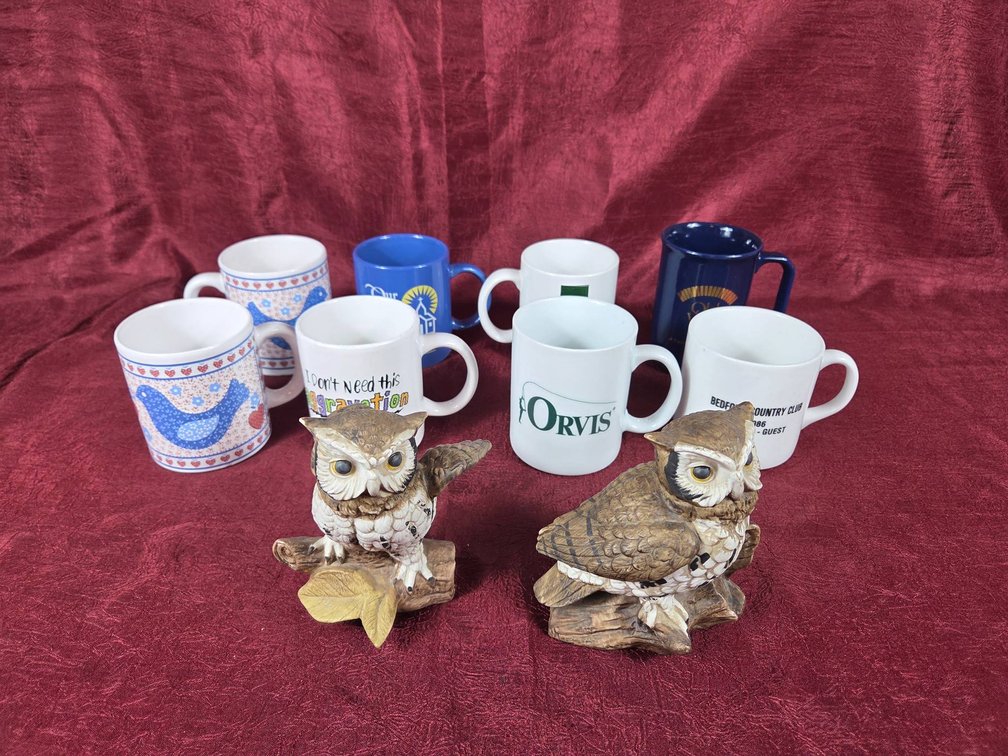 Eight Assorted Coffee Mugs and Two Owl Figurines