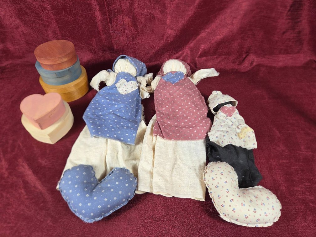3 Rag Dolls and 2 Sets of Wooden Boxes