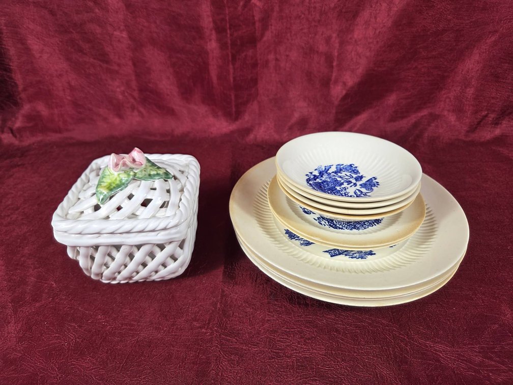 Ceramic Dishware Set and a Glass Basket and Lid