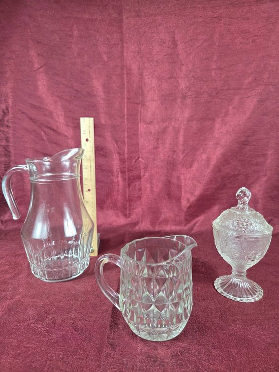 Glass Pitchers and Lidded Candy Dish
