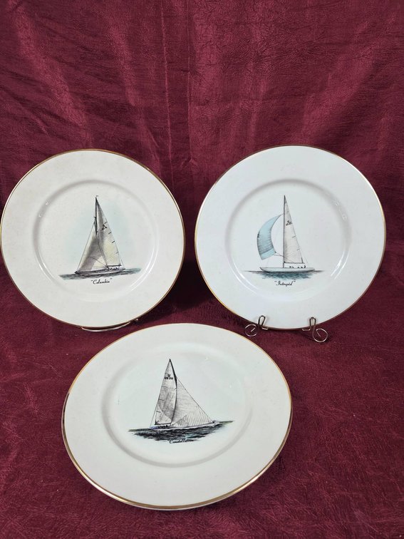 Three Hand-Colored Sailboat Plates
