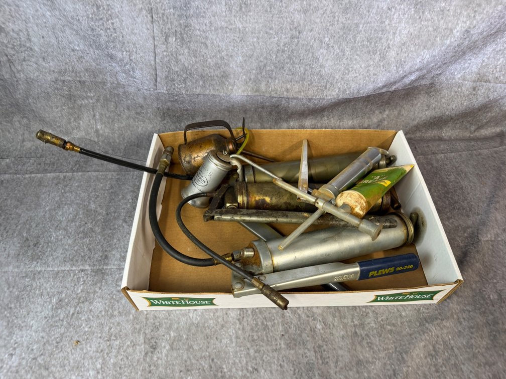 Box Lot of Mixed Grease Guns and Accessories