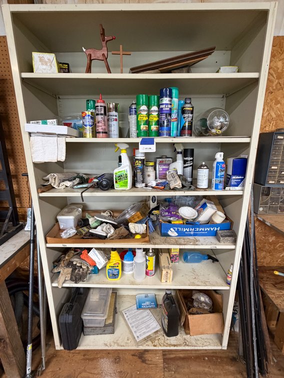 Metal Shelving Unit with Assorted Garage Supplies