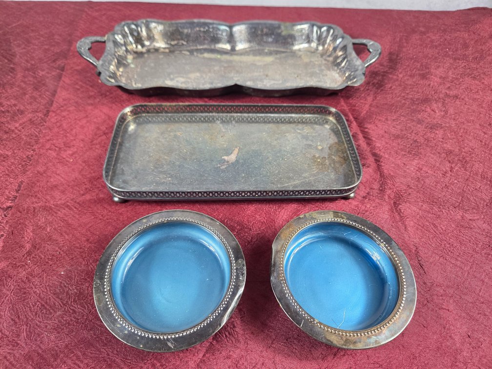 Assorted Silverplate Serving Trays and Enamel Dishes