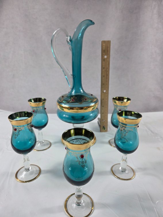 Teal and Gold Gilt Art Glassware Collection