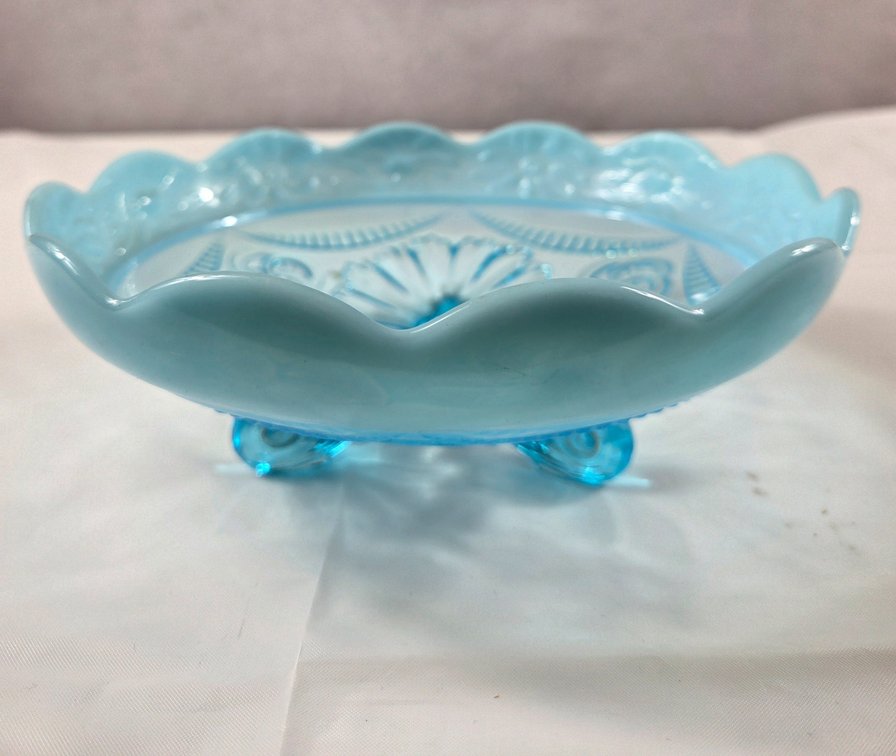 Vintage Blue Pressed Glass Footed Bowl