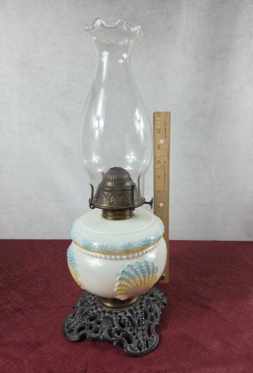 Antique Milk Glass Shell Motif Oil Lamp