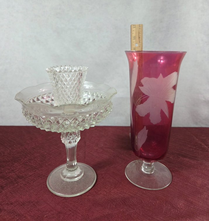 Cranberry Glass Vase and Pressed Glass Compote