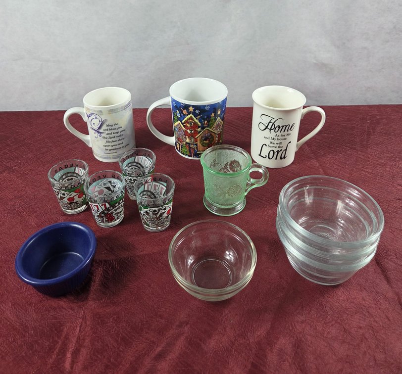 Assorted Ceramic Mugs, Shot Glasses and Prep Bowls