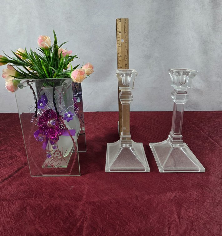 Glass Candlesticks and Floral Vase