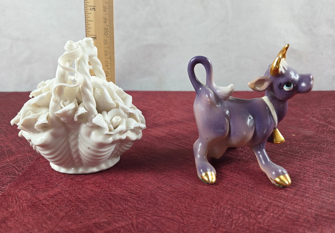 Ceramic Cow Figurine and Porcelain Basket