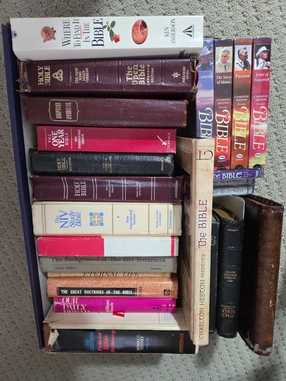 Religious Books, Bibles, VHS Tapes.