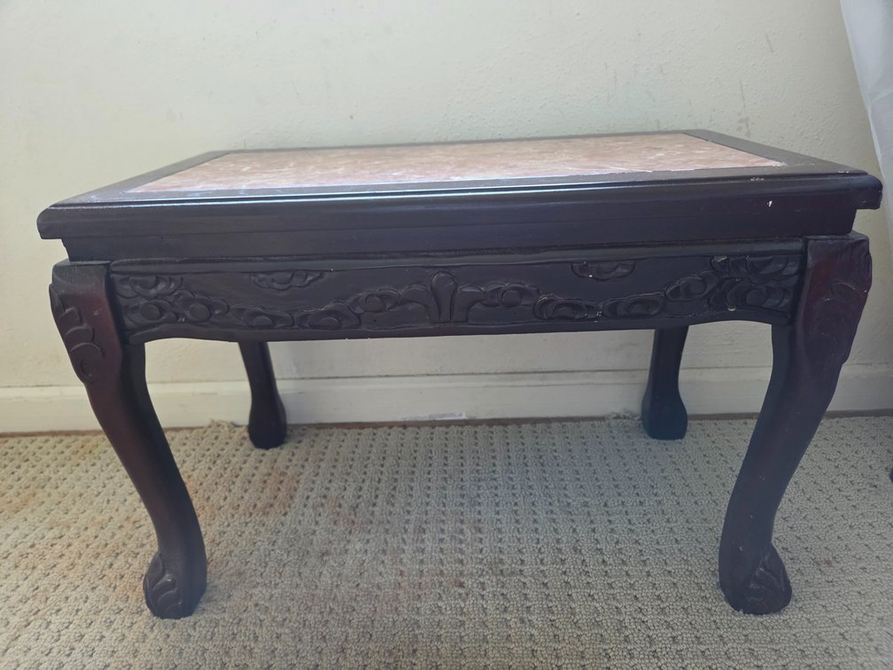 Asian-Style Carved Wood Marble-Top Side Table