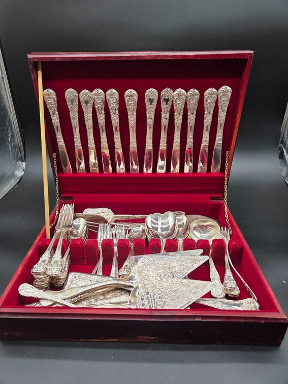 Silver-Tone Flatware Service with Wooden Chest and Serving Pieces