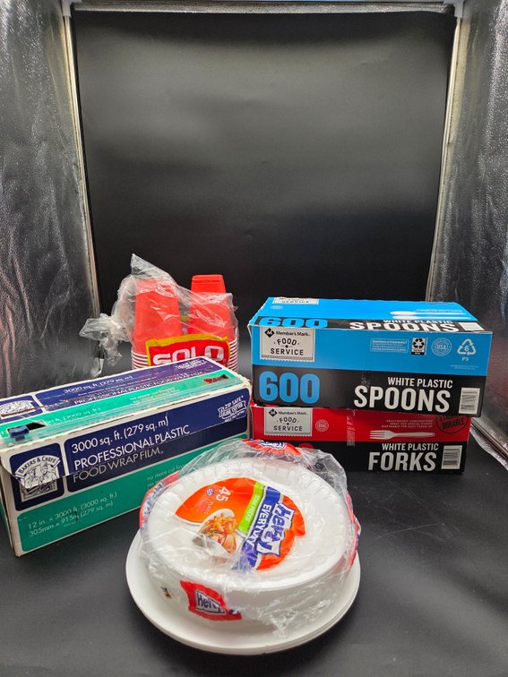 Food Wrap Film, Plastic Cutlery, Foam Plates, and Cups