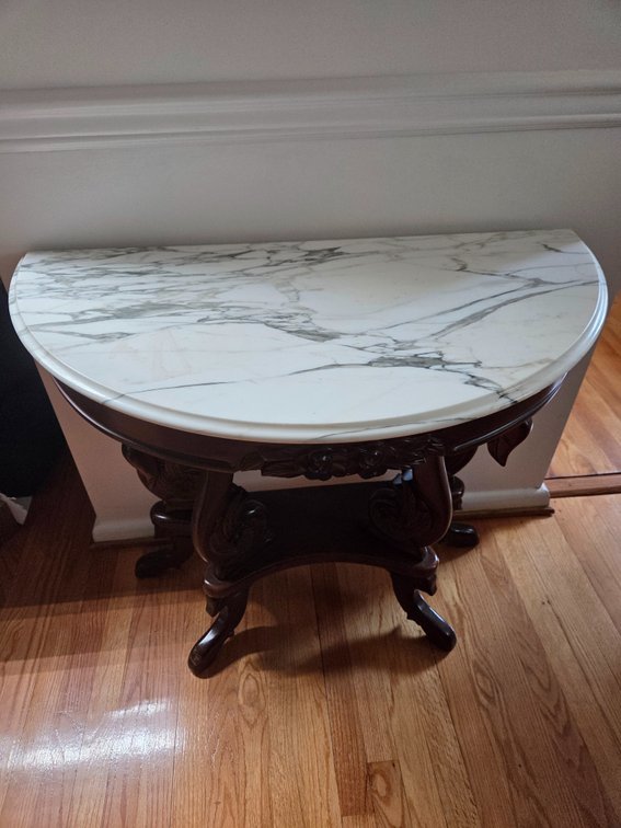 Carved Wood Demilune Console Table with Marble Top