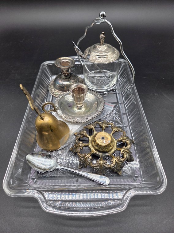 Plastic Tray, Brass Bell, Candle Holders, and Tableware