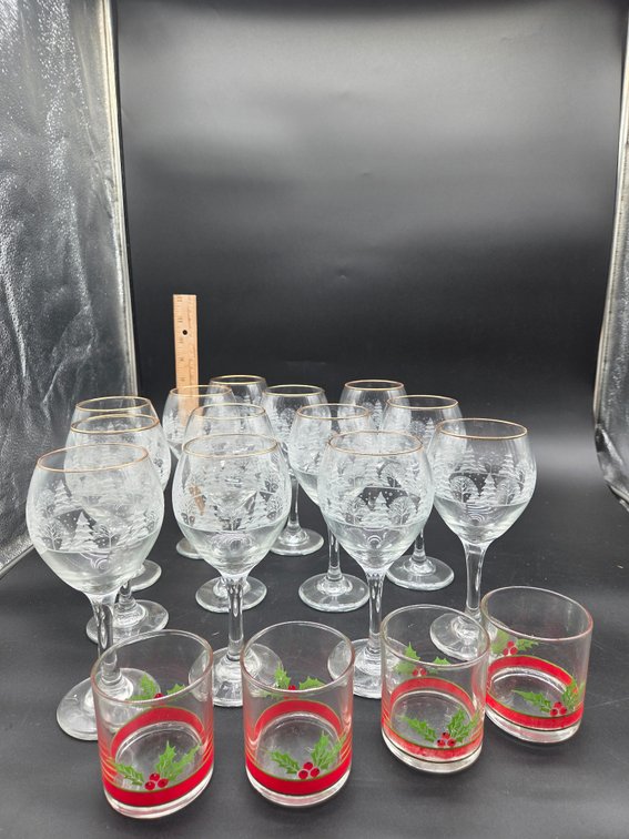 Frosted Winter Scene Wine Glasses and Holly Motif Tumblers