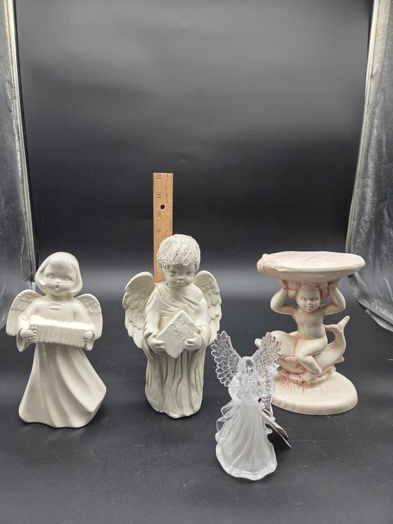 Ceramic and Acrylic Angel Figurines and Cherub Dish