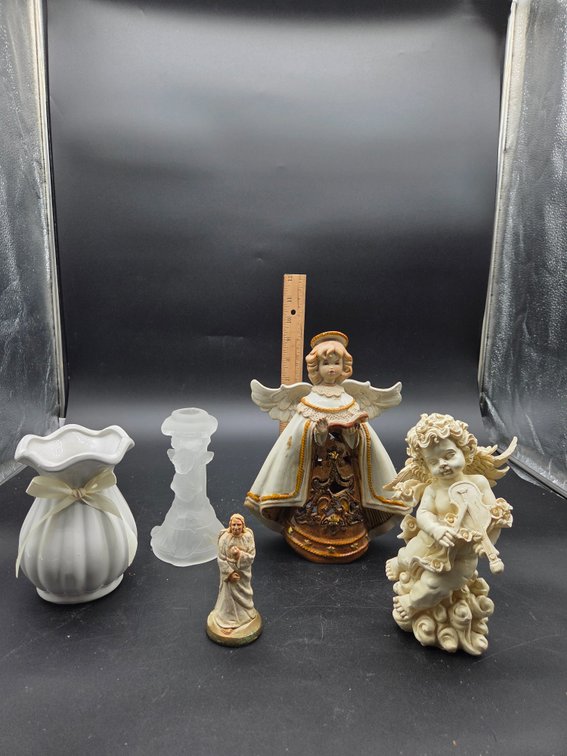 Angel Figurines, Glass Candlestick, and Ceramic Vase