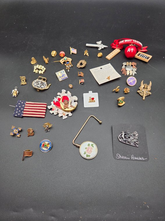 Metal and Enamel Lapel Pins, Brooches, and Purse Hanger