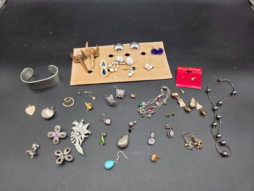 Costume Jewelry Cuff Bracelet, Brooches, and Earrings