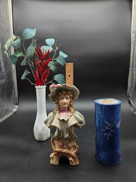 Ceramic Lady Bust Figurine and Decorative Vases