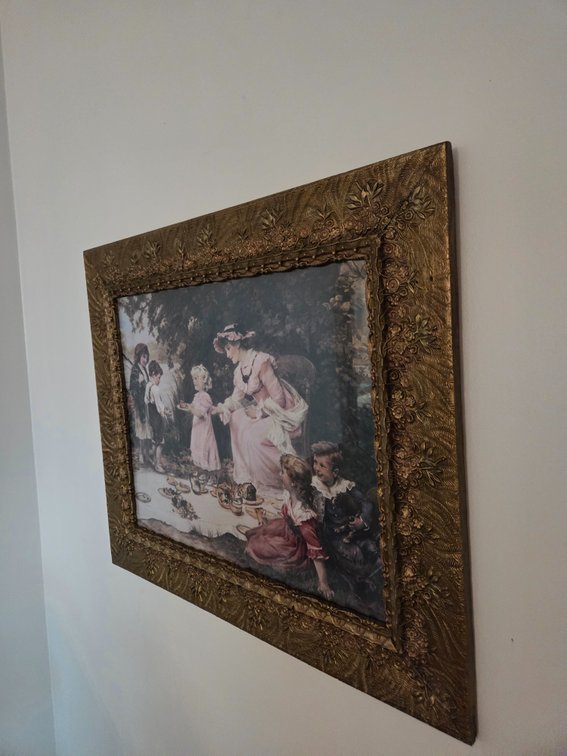 Framed Victorian Picnic Scene Print in Ornate Gilt Frame