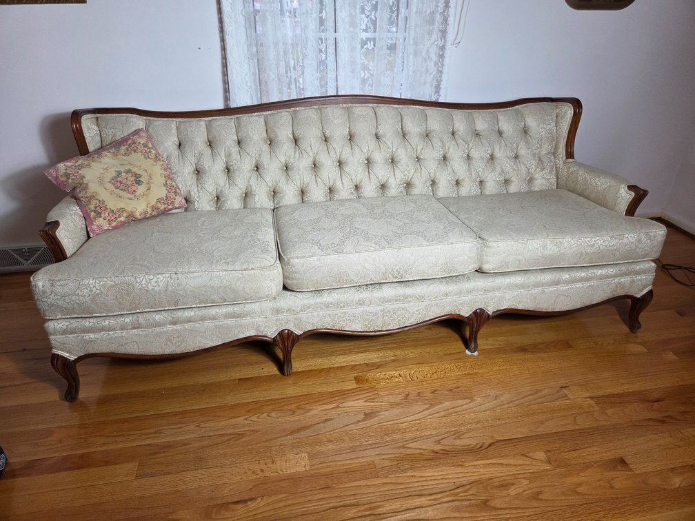 French Provincial Style Button-Tufted Damask Sofa