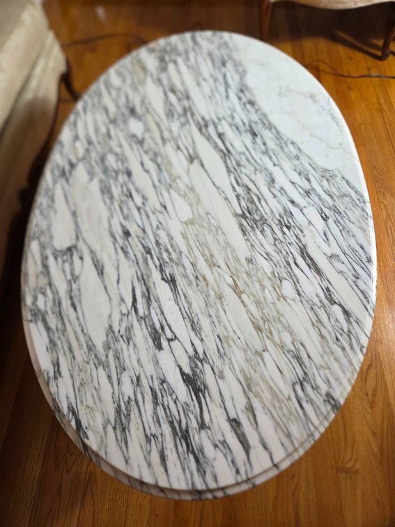 Carved Wood Oval Marble-Top Coffee Table