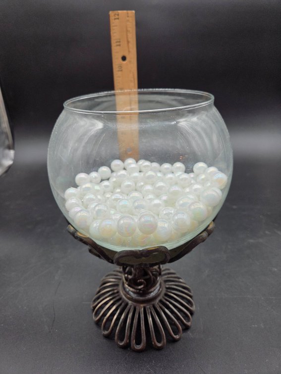 Glass Bowl on Metal Pedestal Stand with Iridescent Marbles