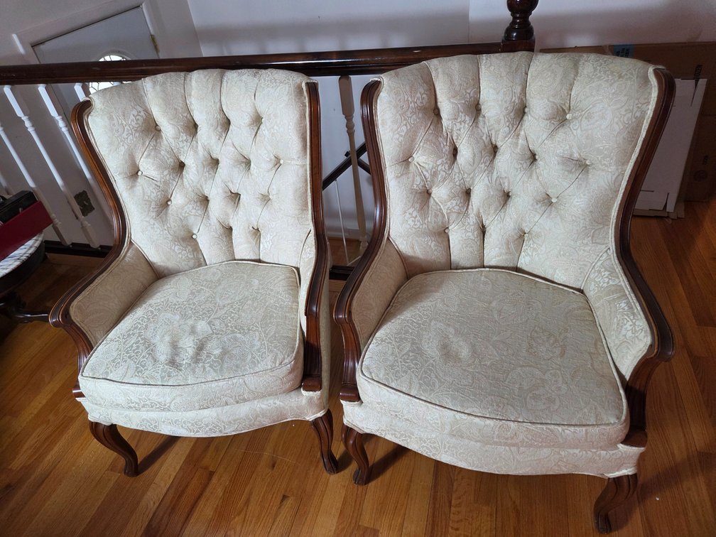 Pair of Tufted Cream Damask Armchairs