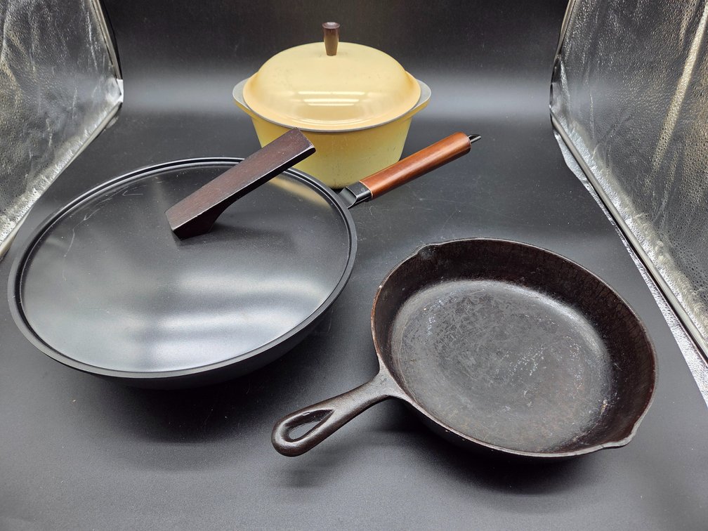 Cast Iron Skillet, Covered Wok Pan, and Enameled Pot