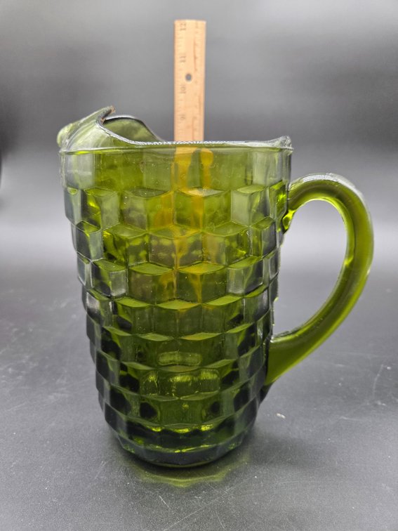 Olive Green Pressed Glass Cube Pattern Pitcher