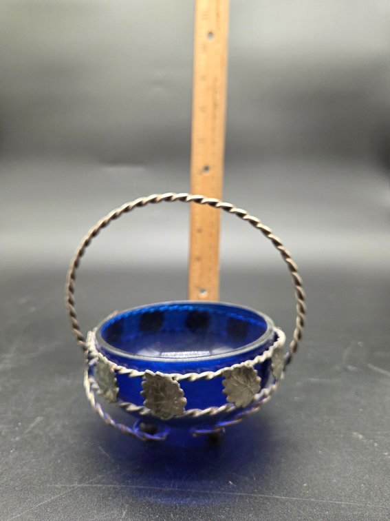 Cobalt Blue Glass Basket with Silver-Tone Metal Frame