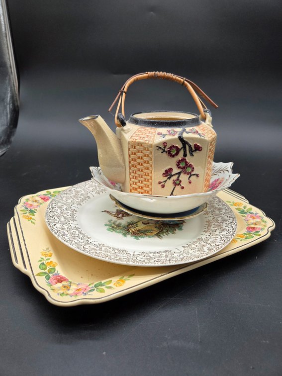 Ceramic Teapot, Serving Platter, Plates, and Bowl