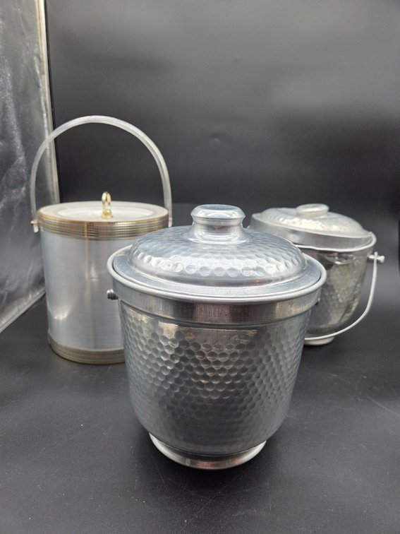 Hammered and Brushed Aluminum Ice Buckets with Lids