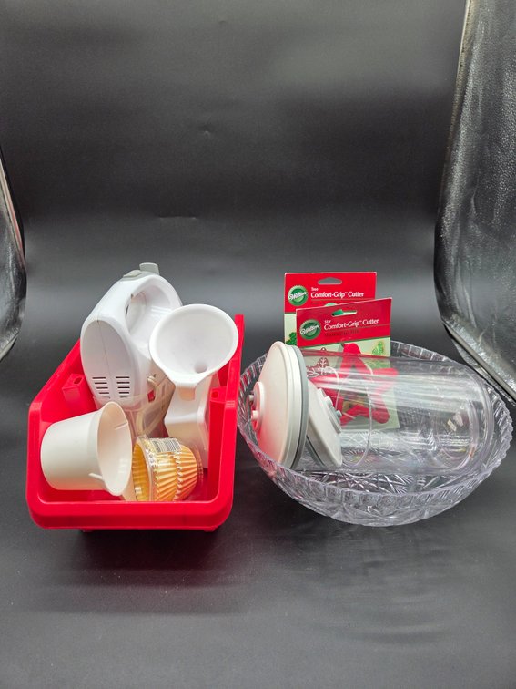Electric Hand Mixer, Cut Glass Bowl, and Kitchenware