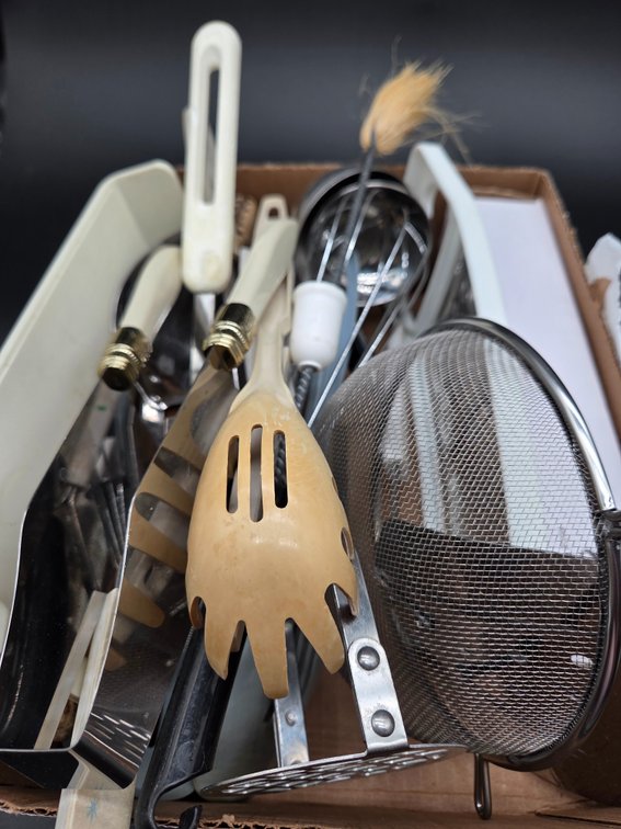 Kitchen Utensils, Wire Mesh Strainer, and Wooden Mallet