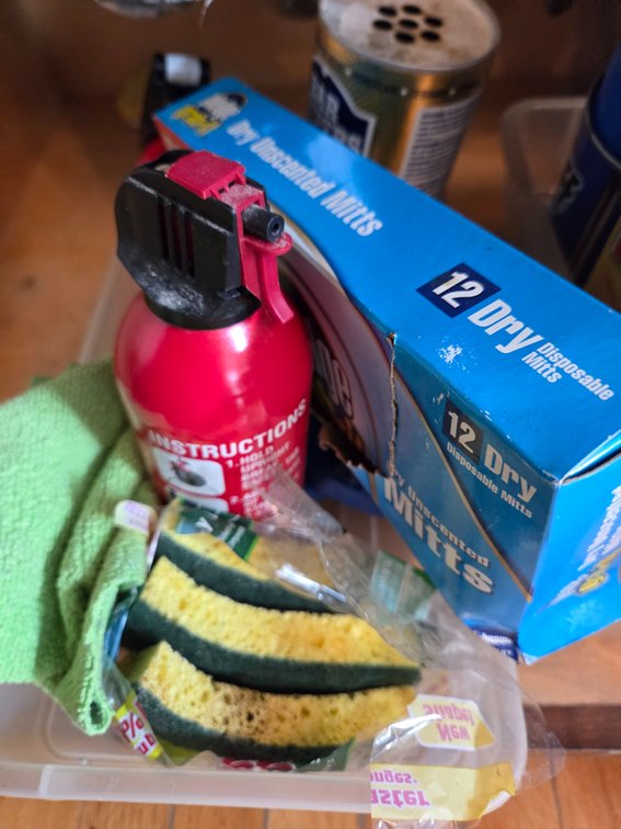 Household Cleaning Supplies and Plastic Storage Bins