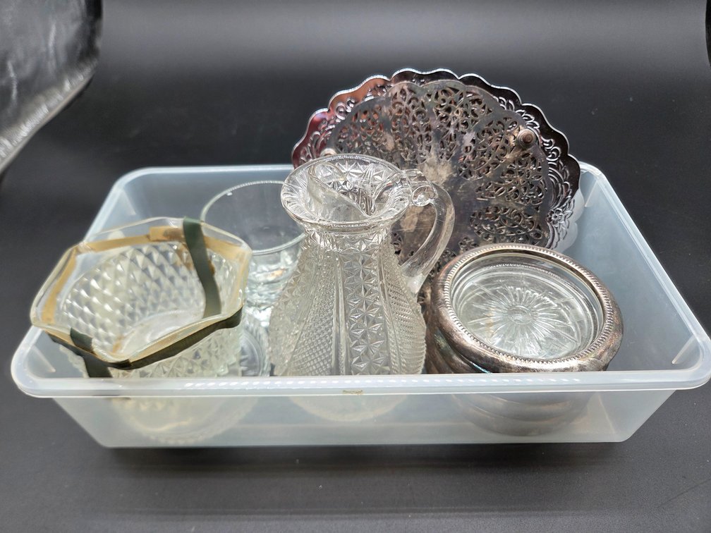 Pressed Glass Pitcher, Bowls, and Silver-Tone Tableware