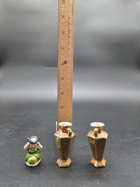 Miniature Ceramic Figurine and Pair of Luster Urn Vases