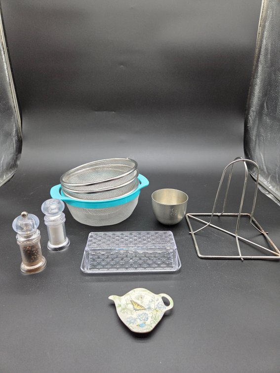 Pewter Jefferson Cup, Mesh Strainers, and Tableware
