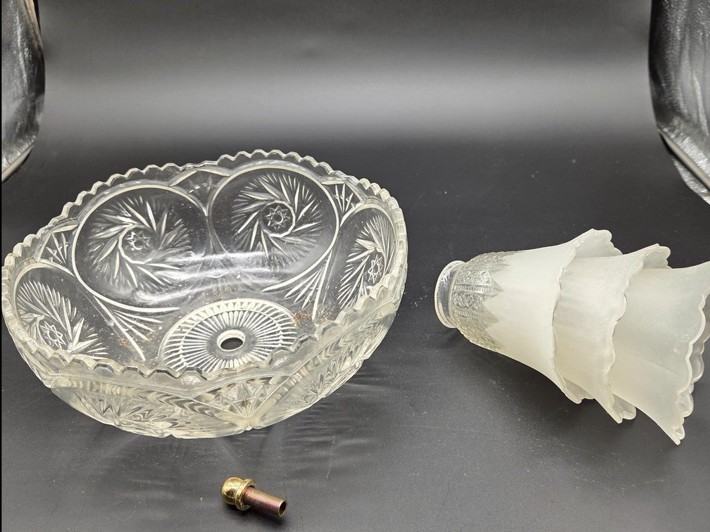 Glass Ceiling Bowl, Ruffled Light Shades, and Brass Finial