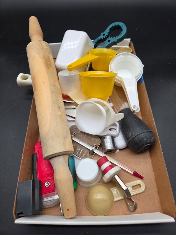 Wooden Rolling Pin, Measuring Cups, and Kitchen Utensils