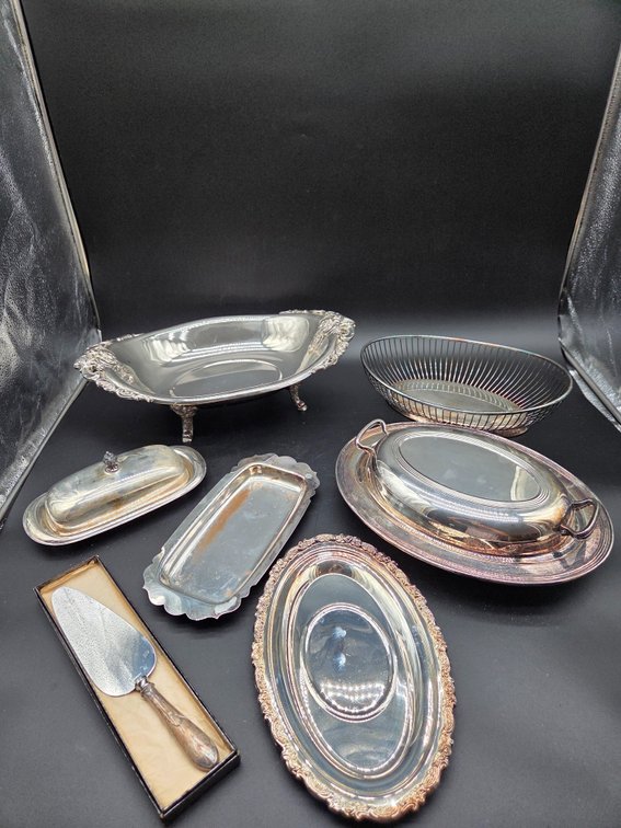 Silver-Plated Serving Dishes, Trays, and Boxed Server