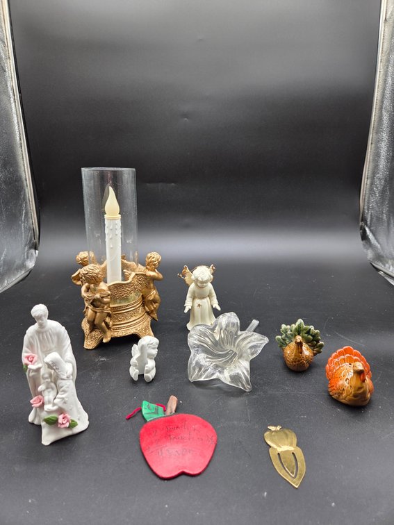 Porcelain Figurines, Cherub Candle Holder, and Tabletop Decor