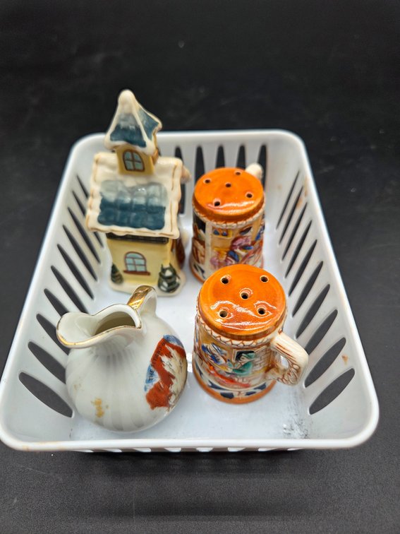 Miniature Ceramic Shakers, Trinket Box, and Souvenir Pitcher