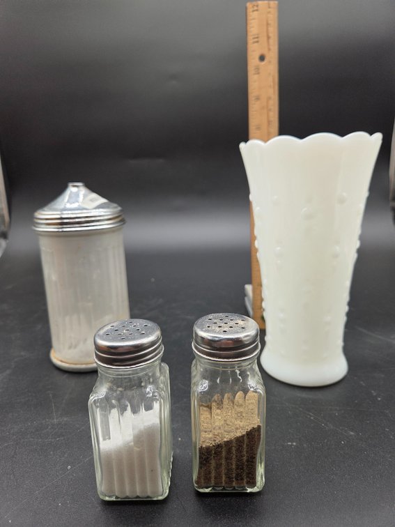Glass Salt and Pepper Shakers, Sugar Dispenser, and Milk Glass Vase